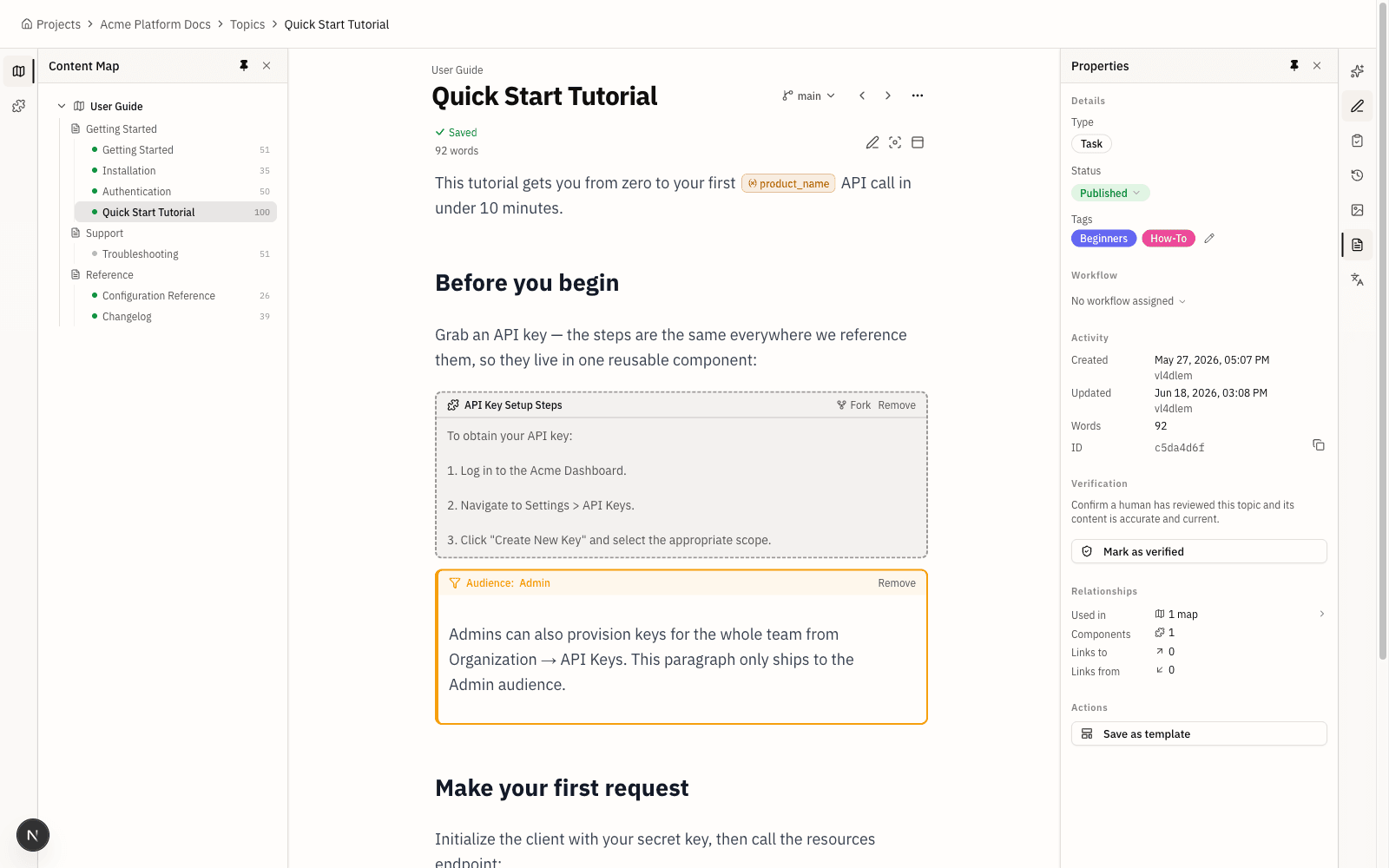 The Topicary topic editor showing structured authoring: a reusable component, an audience-conditioned block, and a variable token in one document, with the content map and properties panels open