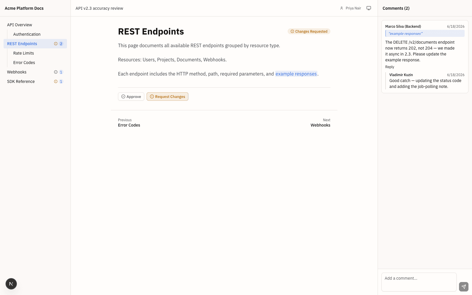 A subject-matter expert reviewing a topic through a no-login link: an inline comment anchored to a passage, with Approve and Request Changes controls and a threaded reply