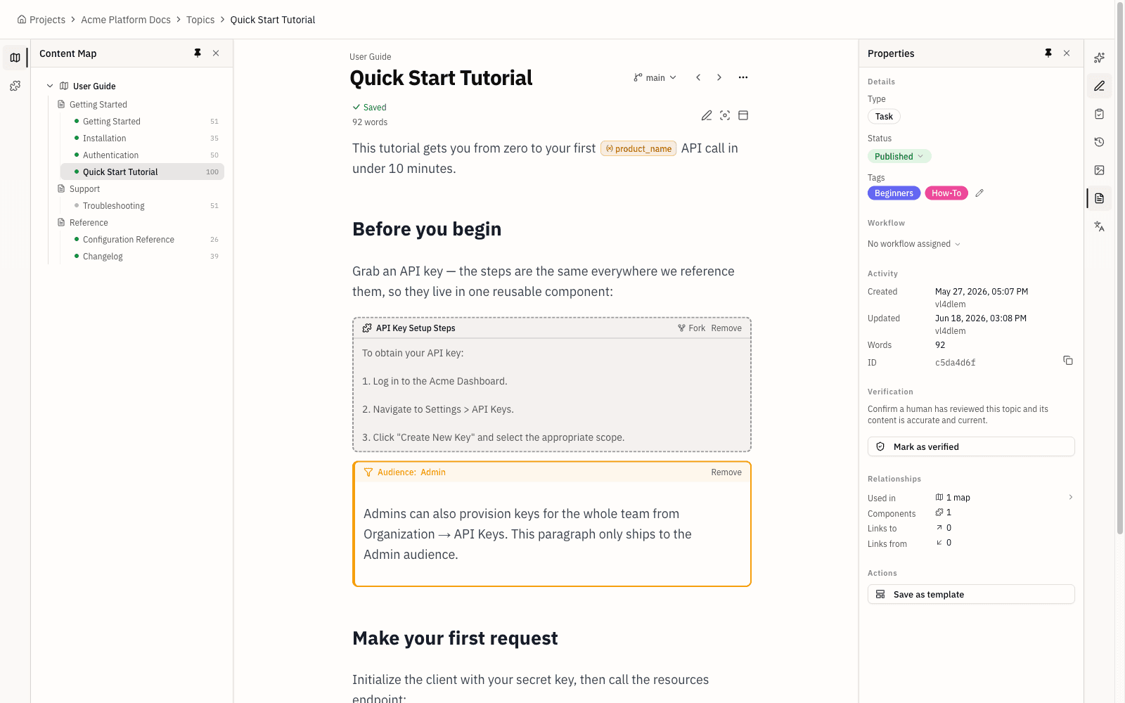 The Topicary browser editor: a reusable component, an audience-conditioned block, and a variable token in one structured topic, with no install and no catalogs to learn