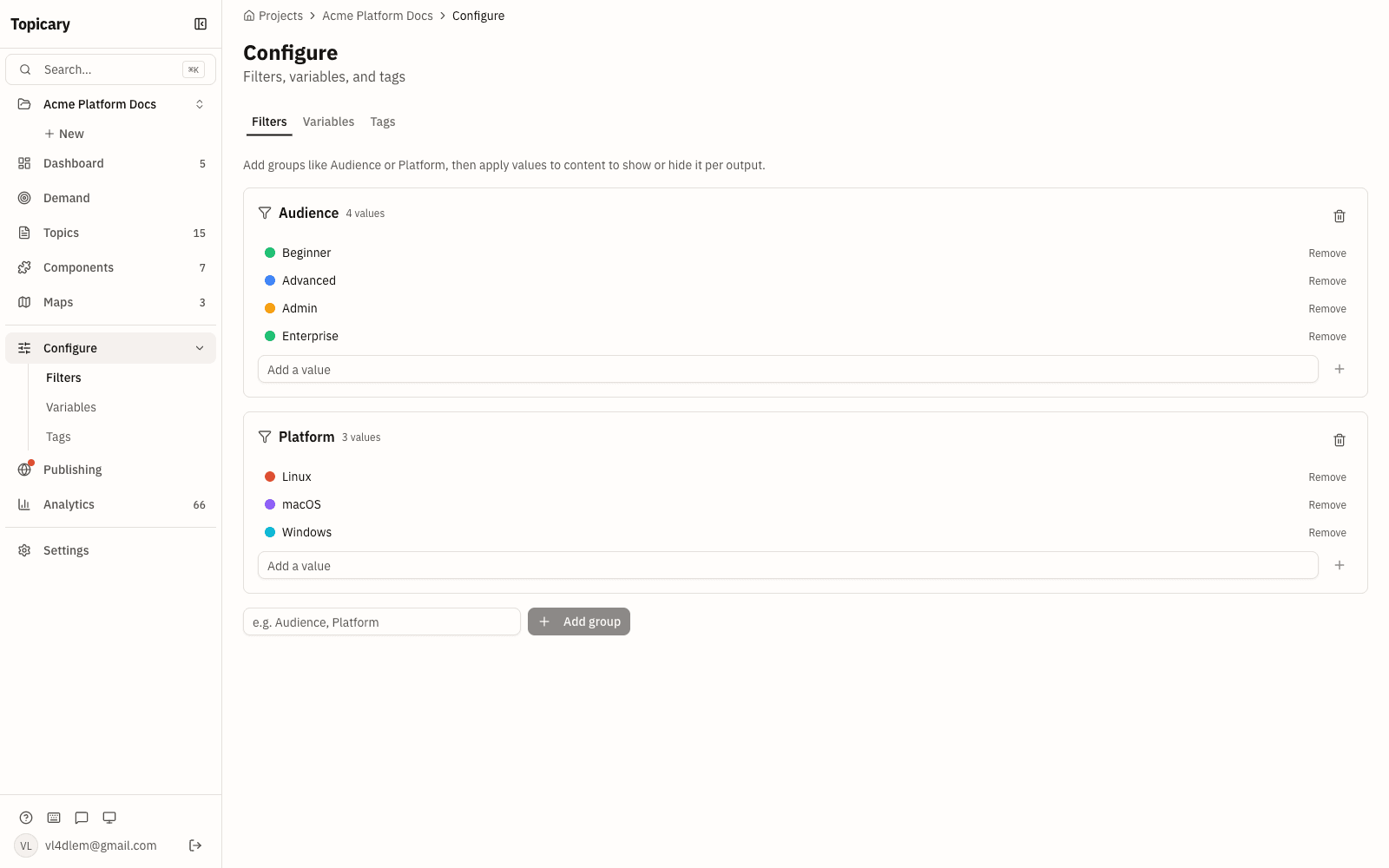 Conditional filters in Topicary: Audience and Platform dimensions with color-coded values, applied to content to show or hide it per published output