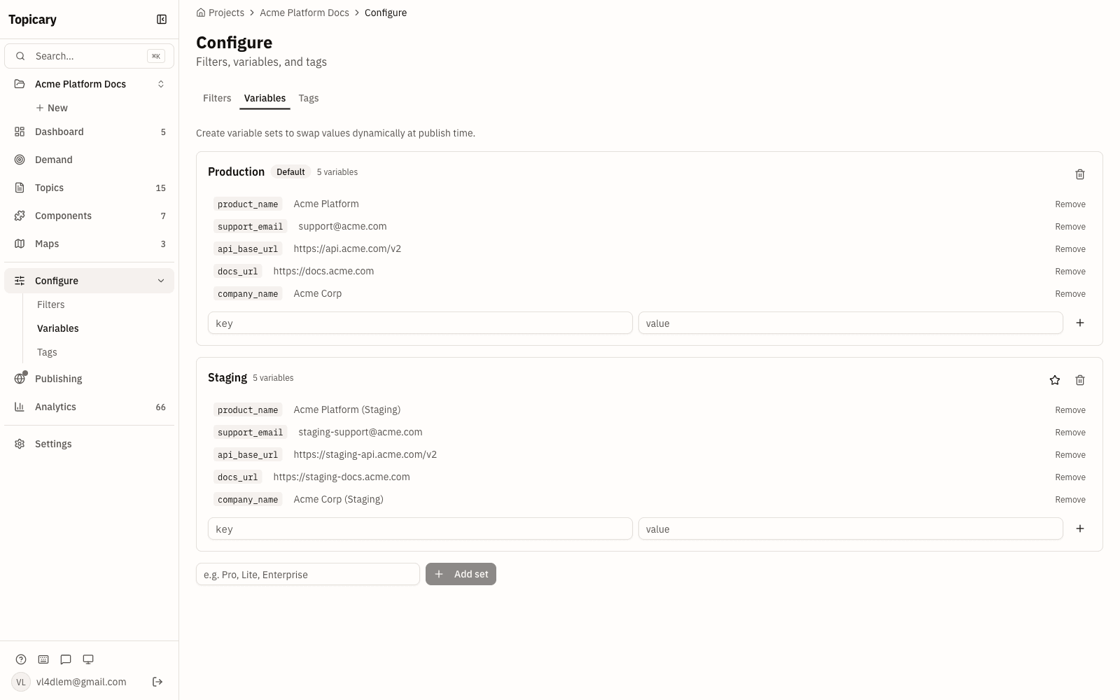 Variable sets in Topicary: Production and Staging sets that swap product name, URLs, and support email per target at publish time
