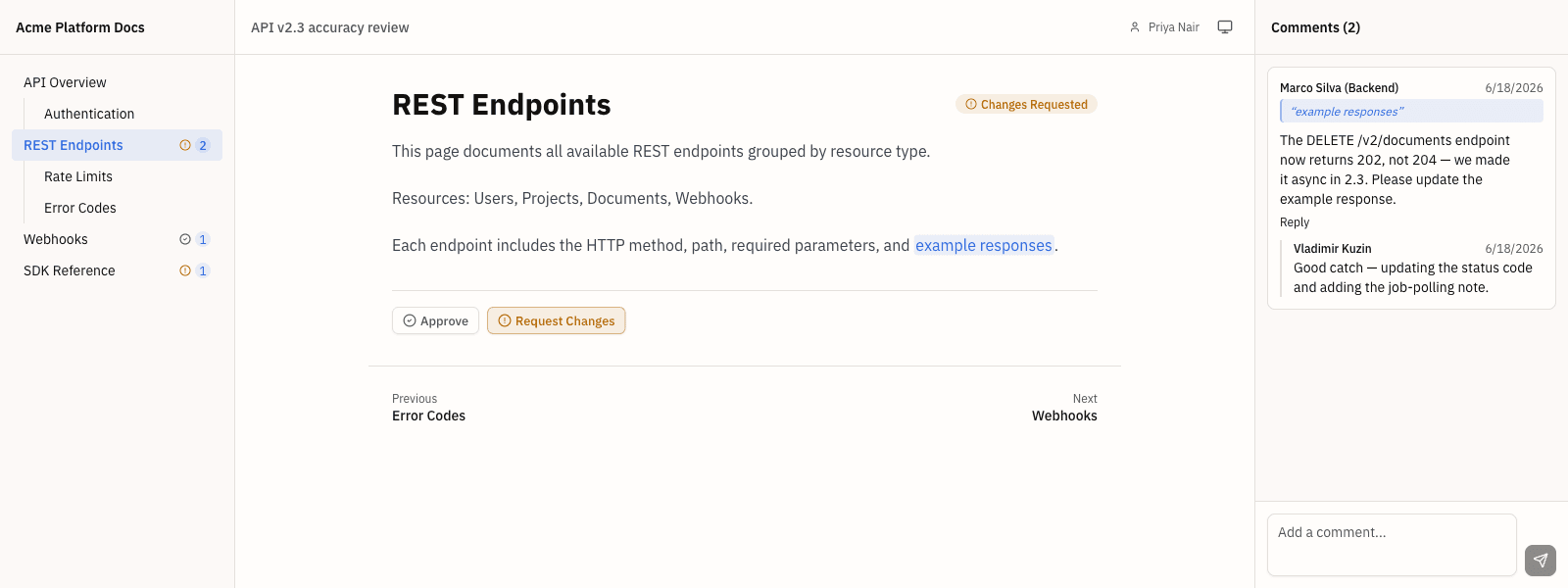 Login-free SME review in Topicary: an inline comment anchored to a passage with Approve and Request Changes controls and a threaded reply