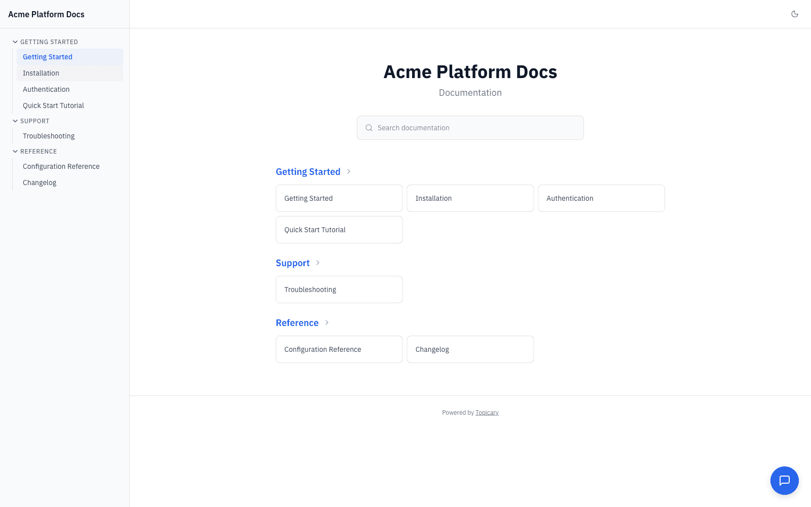 A documentation site published live by Topicary: searchable hosted docs with light and dark mode and a built-in AI chat widget, with no server to license