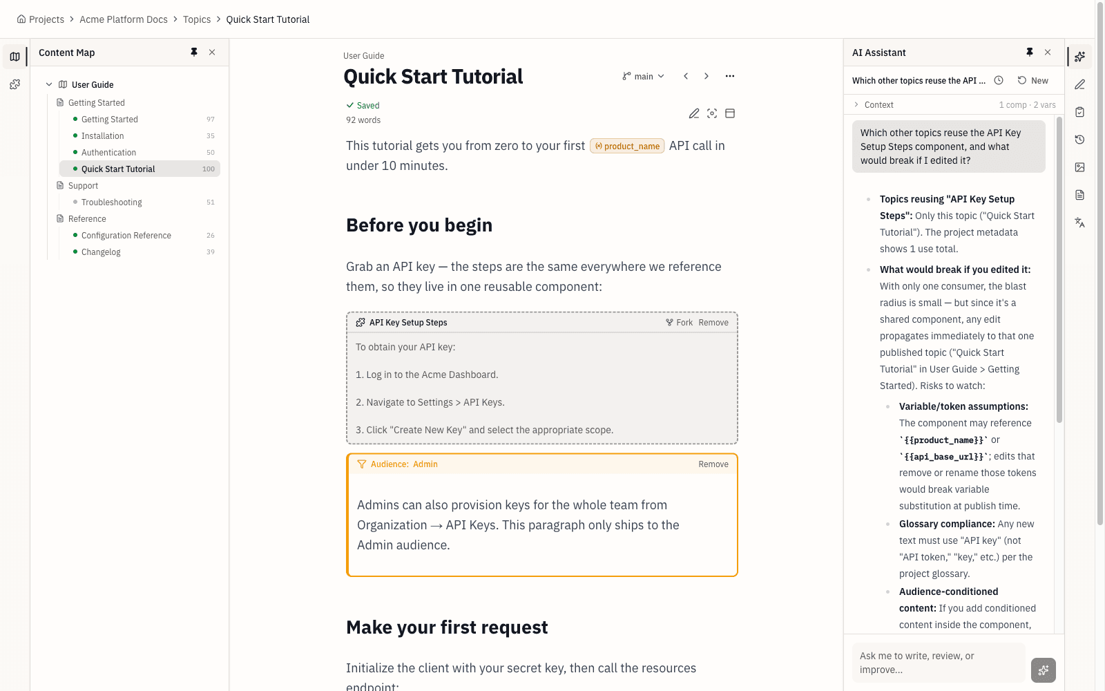 The Topicary AI assistant lists which topics reuse a shared component and what an edit would affect, next to the live document.
