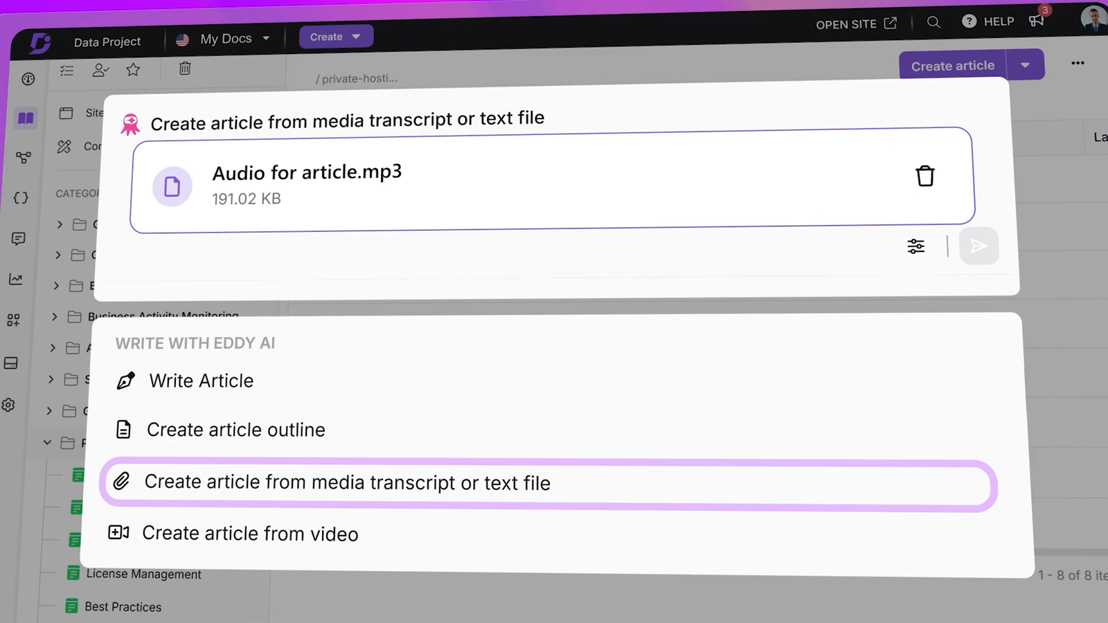 Document360 Eddy AI writing agent showing options to write articles, create outlines, generate from transcripts, and create from video