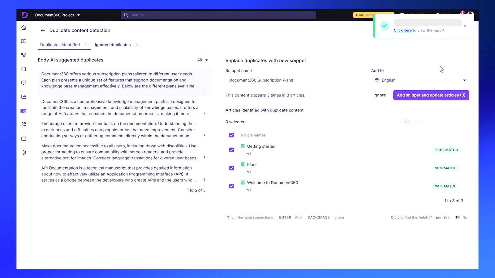 Document360 duplicate content detection showing AI-suggested duplicates with match percentages and a Replace duplicates with new snippet panel