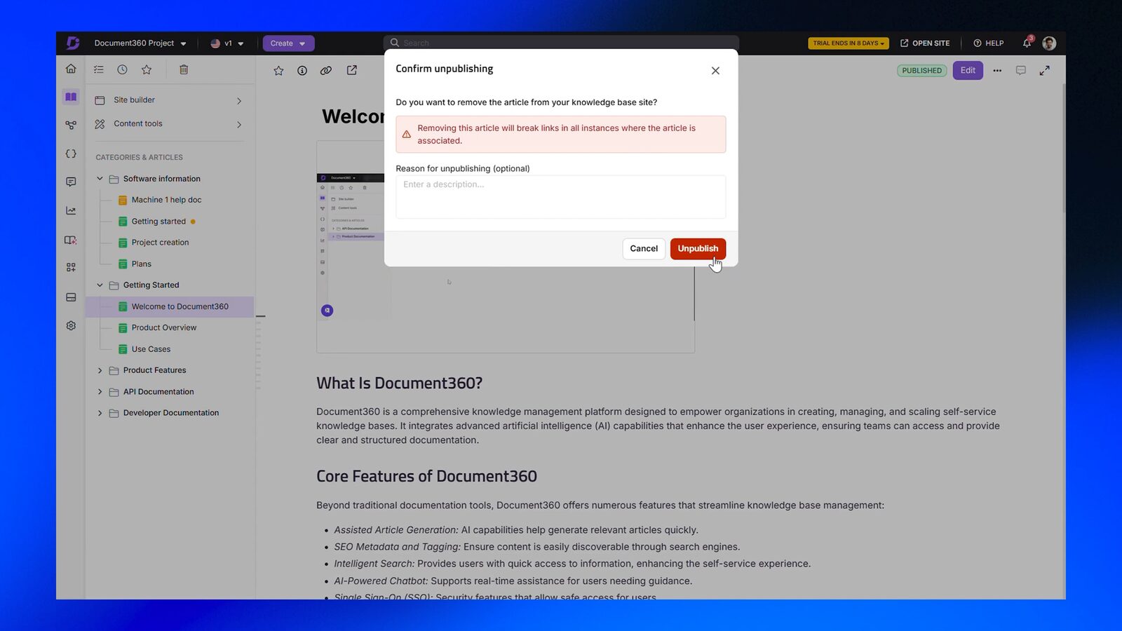 Document360 editor workspace showing category and article tree, WYSIWYG content area, and publishing controls