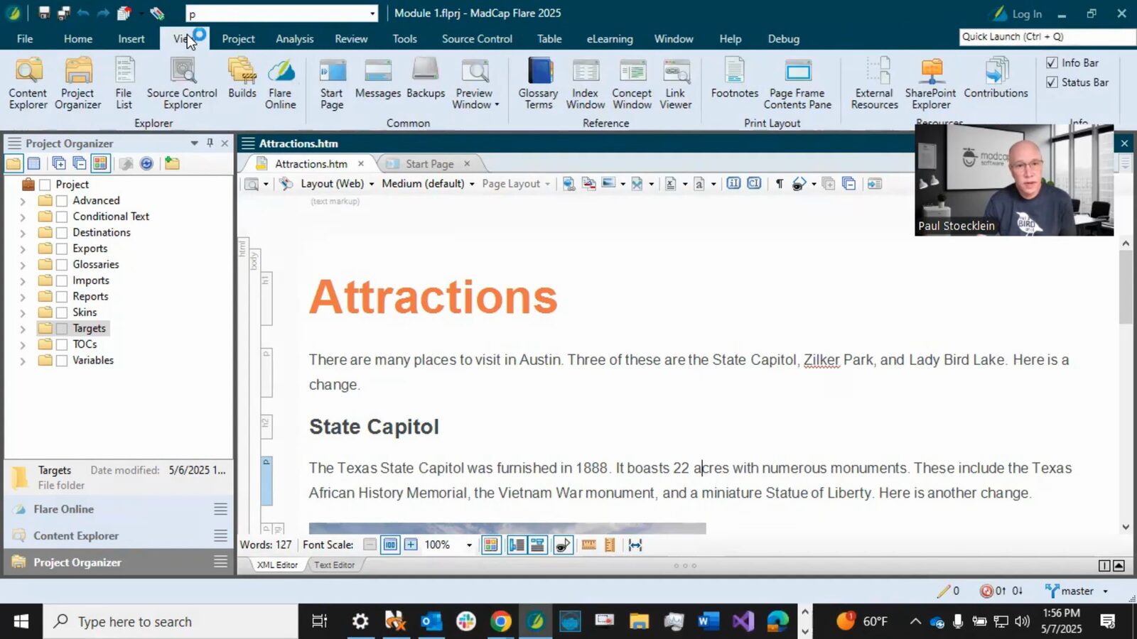 MadCap Flare desktop XML editor with ribbon toolbar, content area showing formatted topics, and Content Explorer panel