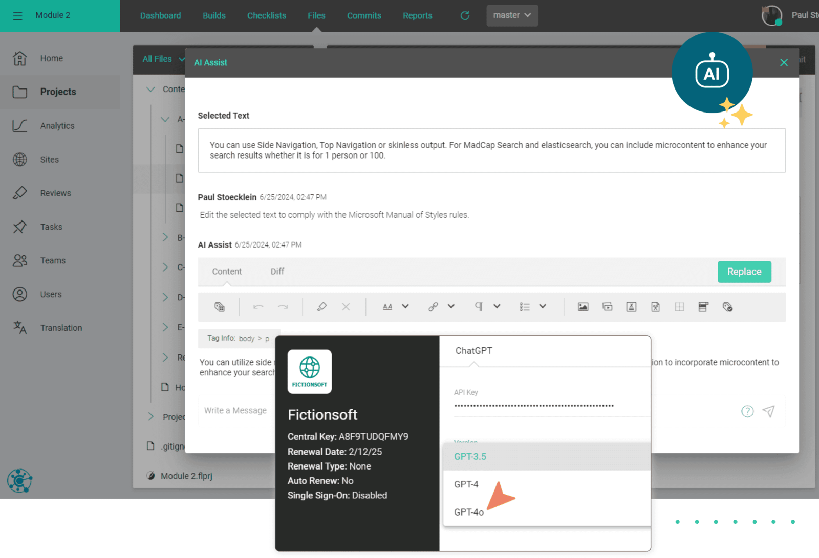Flare Online editor with AI Assist panel showing OpenAI GPT-4o integration for AI-powered content generation and translation