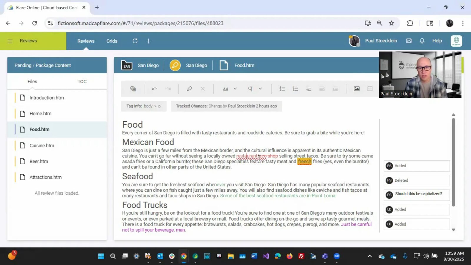 Flare Online cloud editor showing file tree, WYSIWYG content with tracked changes including additions, deletions, and inline comment markers
