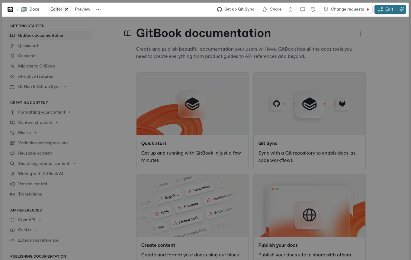 GitBook content editor with block-based editing, slash command menu, and content formatting toolbar