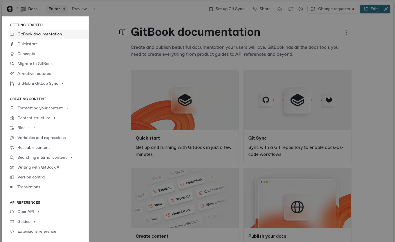 GitBook editor workspace showing space header, inline content editing area, and sidebar navigation