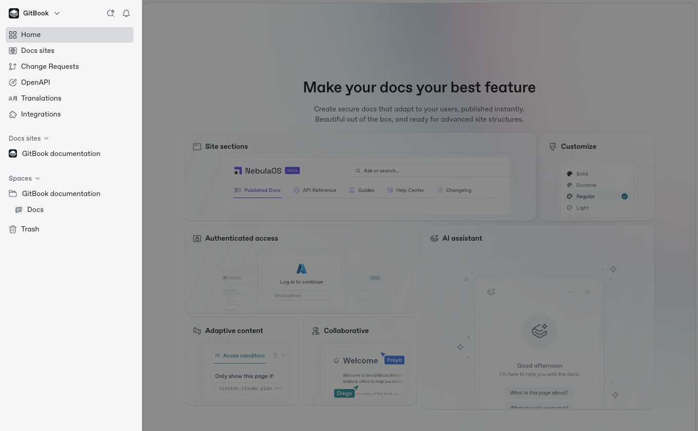 GitBook sidebar showing space list, table of contents navigation, and page hierarchy