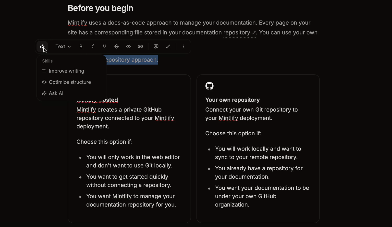 Mintlify AI editing menu showing Improve writing, Optimize structure, and Ask AI options in the editor toolbar