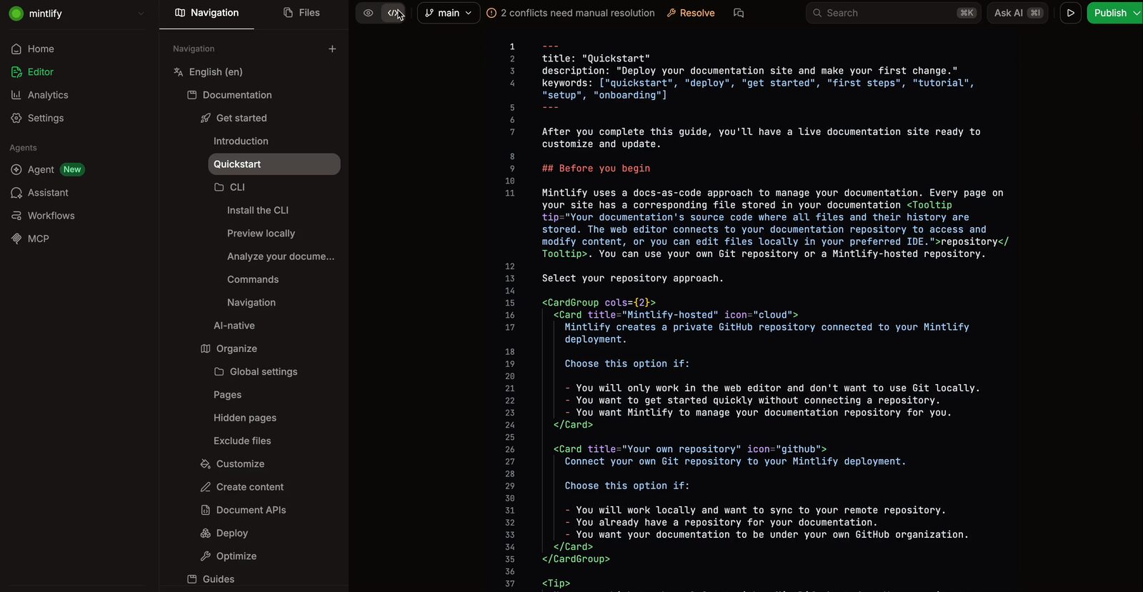 Mintlify markdown source view with file tree, raw MDX content with frontmatter, and branch indicator showing merge conflict status