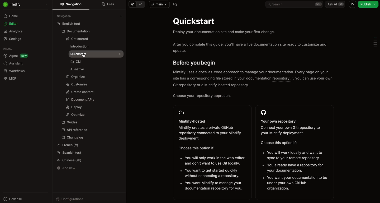 Mintlify web editor showing sidebar navigation with page tree, Quickstart content area, and top toolbar with branch selector and Publish button