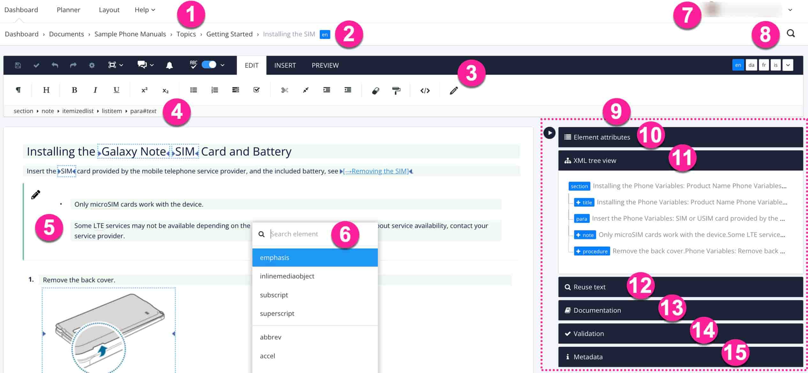 Paligo visual editor showing DocBook-based authoring with element structure menu, toolbar, and content area with XML tree