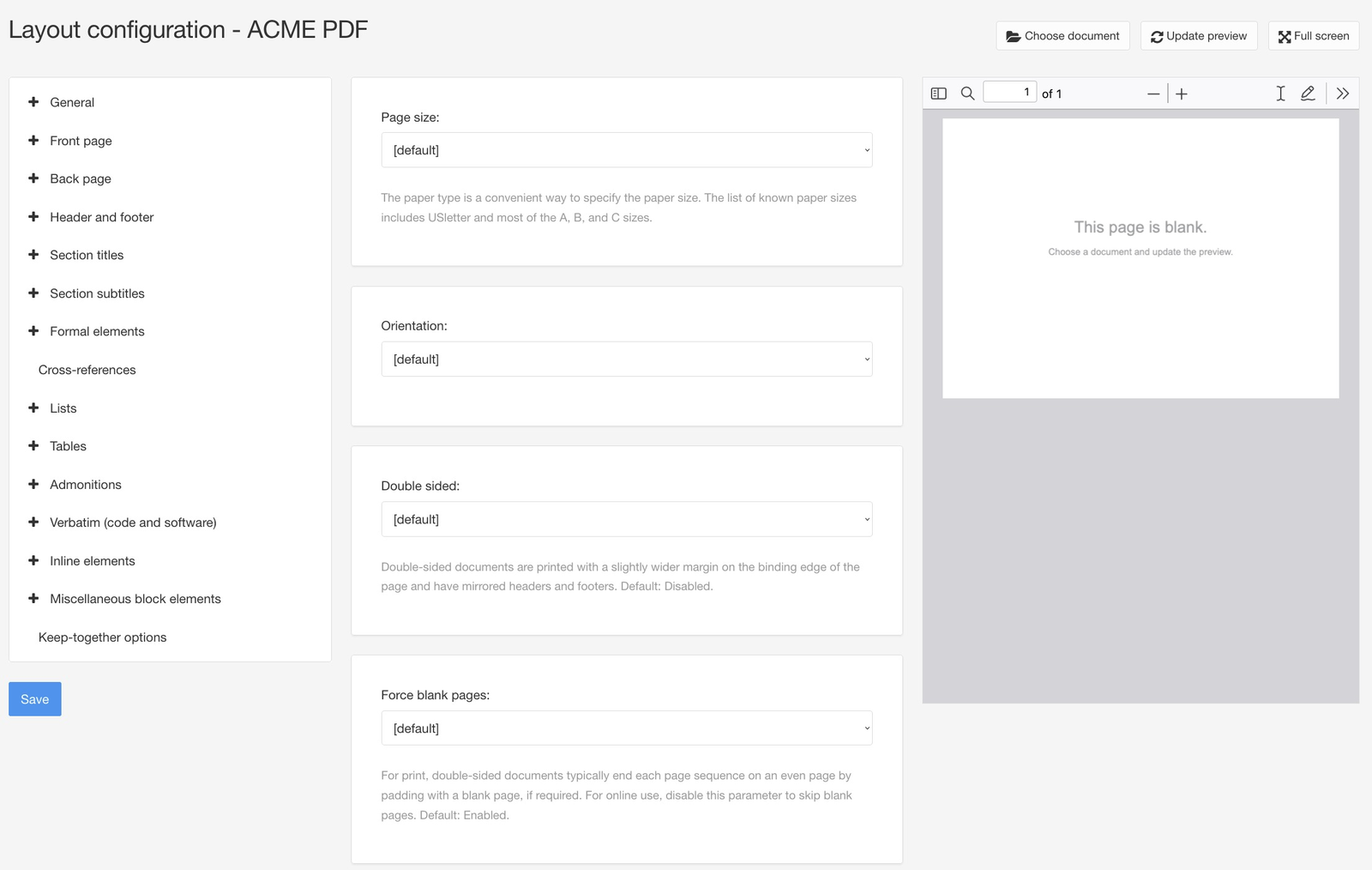 Paligo Layout Editor showing structured PDF settings with categories for page layout, typography, headers, footers, and table styling