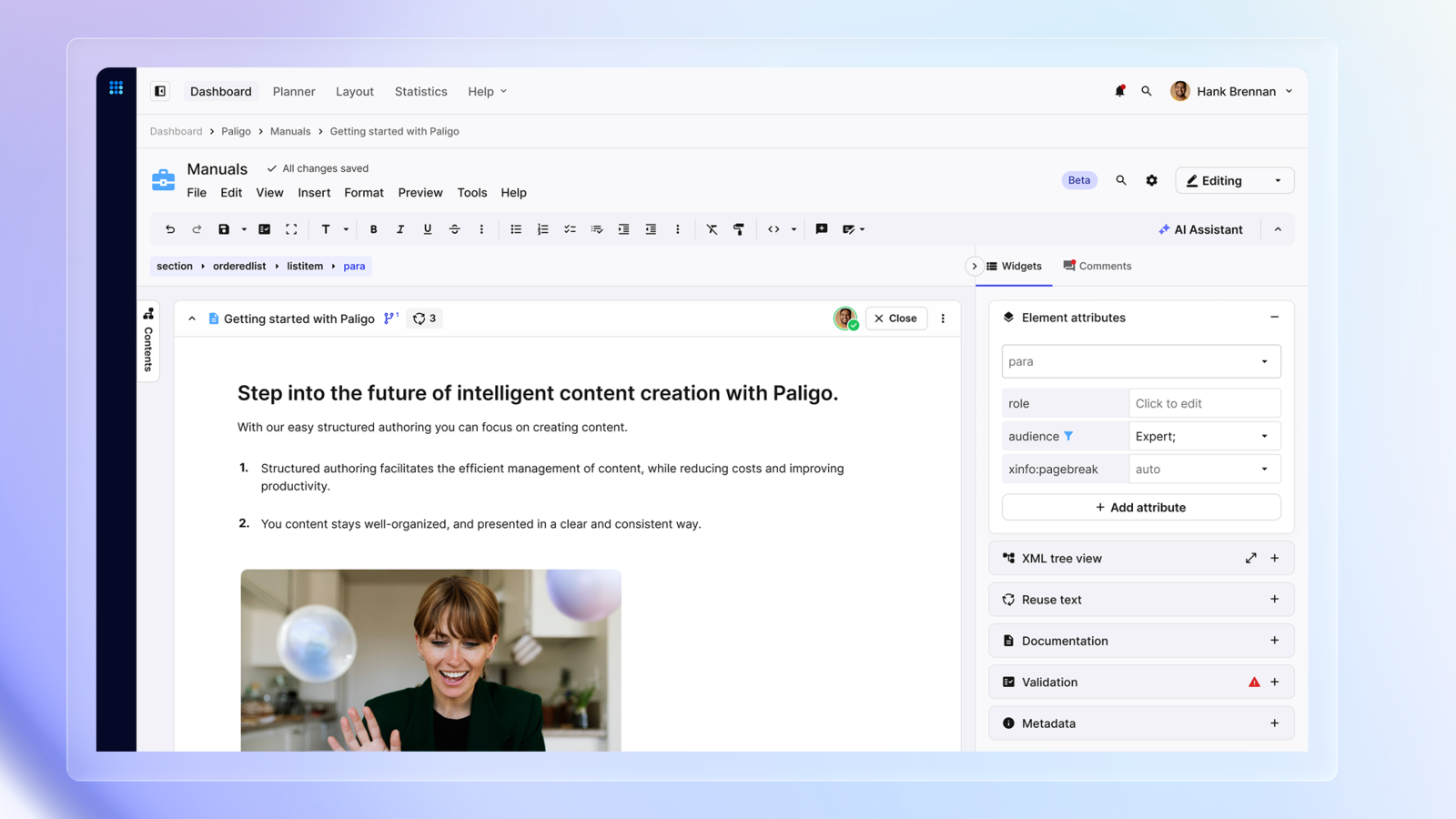 Paligo next-generation editor showing clean WYSIWYG authoring view with toolbar, content area, and element structure panel